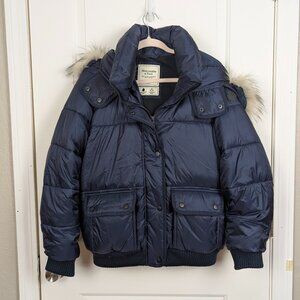 Abercrombie & Fitch | Navy Blue Puffer Jacket with Fur Hood Trim Size Large
